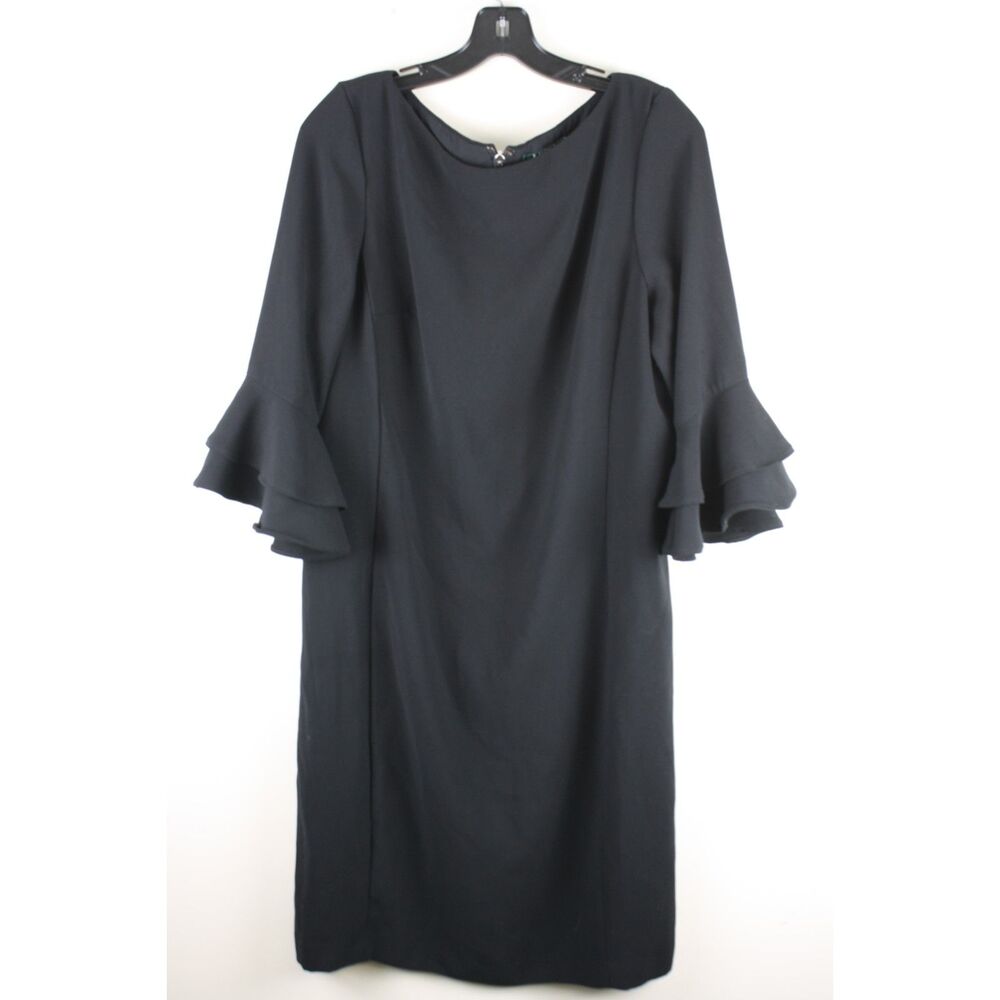 Lauren Ralph Lauren Black Sheath Dress 12 Tiered Ruffle Bell Sleeve Cocktail